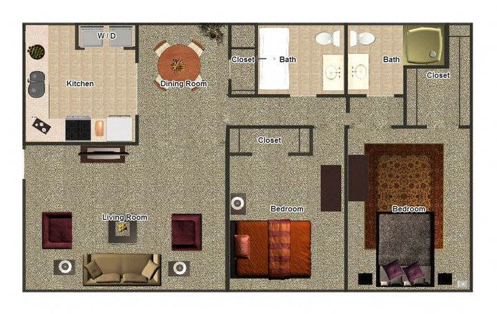 Floor plan for 2 beds, 2 baths, 960 sqft